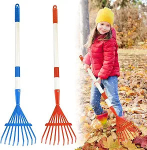 2 Pcs 28" Kids Rakes for Leaves, Small Child Size Metal Rakes, Blue Red