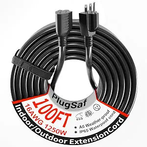 PlugSaf 16/3 100Ft Outdoor Extension Cord, 3 Prong Electric Cord