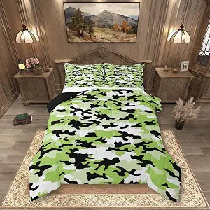 Erosebridal Green Camouflage Full Comforter Set Army Retro Militarily Geometric Bedding Set for Kids Boys Girls | Kids Teens Camo Army Campaign Comforter Military Themed Quilt