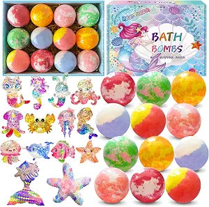 Bath Bombs for Kids with Surprise Inside, 12pcs Kids Bath Bombs with Mermaid Toys Gifts for Girls, Shea & Coco Butter Dry Skin Moisturize, Birthday Halloween Gifts Spa Bath Ball with Bath Toy Fun