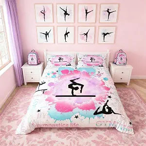 Gymnastics Bedding Set Gymnastics Lovers Girls Bedding Duvet Cover Set Gymnast Silhouettes Comforter Cover Set Pink Blue Tie Dye Bedspread Cover Bedroom Quilt Cover 2Pcs Twin,No Comforter