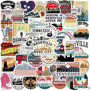 Nashville Music City Stickers,50 PCS Tennessee Waterproof Vinyl Decals for Water Bottles Laptop Luggage Cup Computer Mobile Phone Skateboard Guitar Helmet Snowboard Dcor (Nashville)