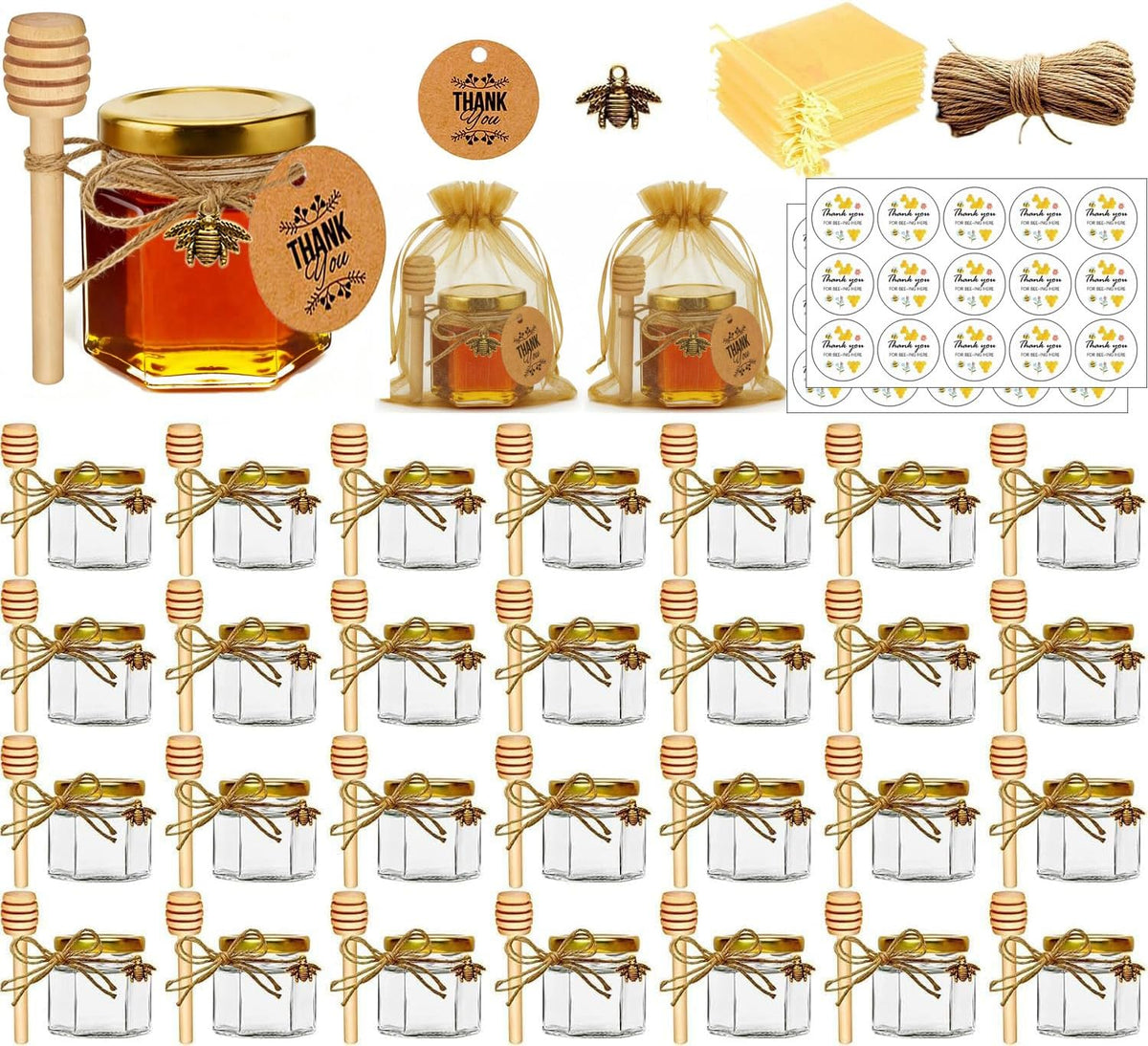 Adabocute Honey Pot, Glass Honey Jars, Mini Glass Jars 2oz 30 Pack