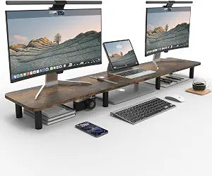 Dual Monitor Stand - 43.7 inch Extra Long Wide TV Stand - Wood & Steel Leg Desktop Riser - Desk Organization - Home Office (Vintage)