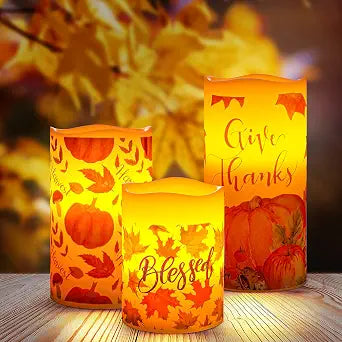 Treela 3 Pcs Thanksgiving Flameless LED Candles, Warm White Timer