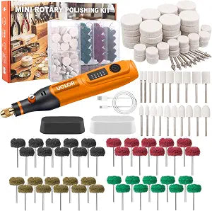 Uolor 145PCS Cordless Polishing Buffing Wheels Kit, Polishing Tool Kit with 100 Wool Buffing Wheels, 40 Abrasive Pads, 5 Variable Speeds 5000-20000RPM, USB-C Rechargeable Rotary Polisher