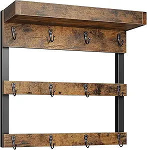OROPY Coffee Mug Rack Wall Mounted, Rustic Wood Cups Rack, 12 Hooks & Shelf