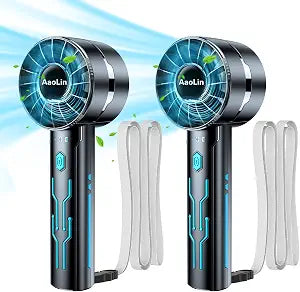 AaoLin 2pcs Portable Handheld Turbo Fan with 7000rpm High-Speed Motor USB Rechargeable Cooling Personal Fan 4-Speed, 4-16H Runtime, with Lanyard for Outdoor Travel, Women, Kids, Summer Gift