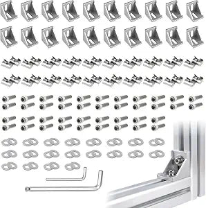 20 Sets Silver 3030 Aluminum Extrusion Connector Kit  20 pcs Corner Brackets, 40pcs M6 Spring T-Nuts & Hex Screws, 2 Hex Wrench  for 8mm T Slot Extruded Aluminum Accessories Hardware