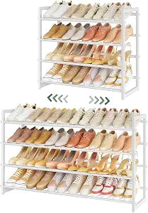 FAVOOSTY 4-Tier Expandable Shoe Rack, Adjustable Shoe Shelf Storage Organizer Space Saving Metal Free Standing Shoe Rack for Entryway Closet Doorway, White