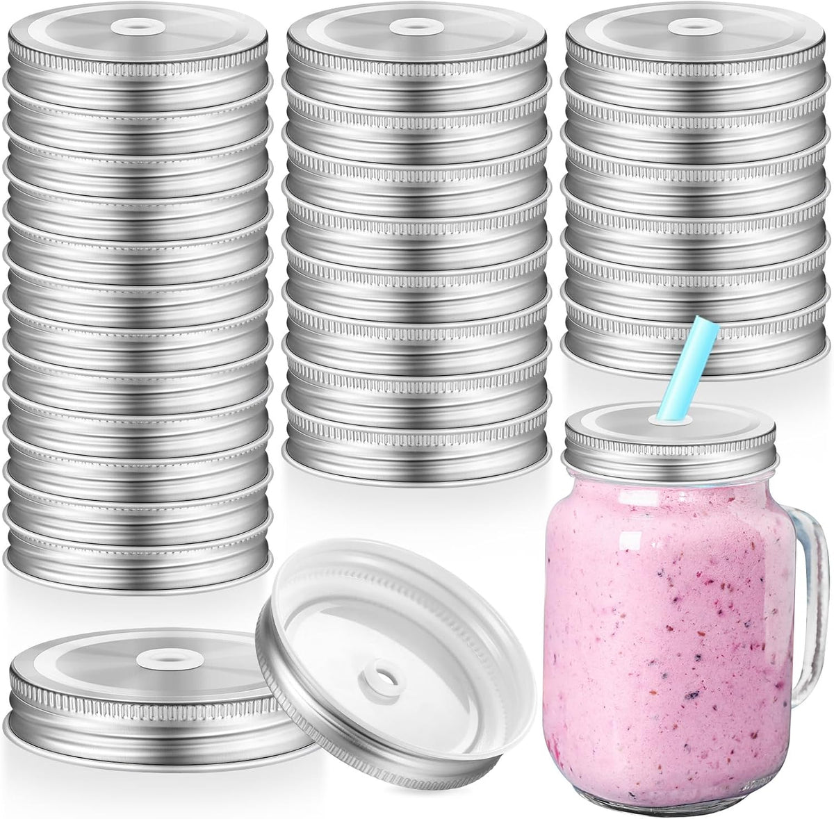 Honoson 20 Pcs Mason Jar Lids with Straw Hole, Stainless Steel, Silver