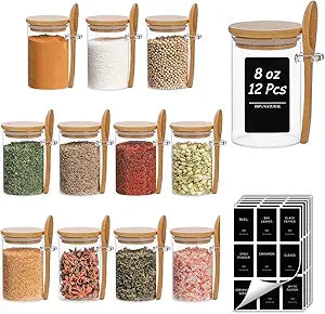 ComSaf Spice Jars with Spoons 8 oz 12 Pack, Seasoning Container with Labels