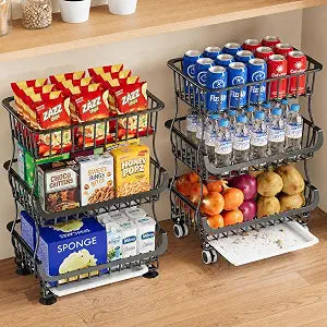 3 Tier Black Rolling Pantry Floor Organizers and Storage Cart with Wheels