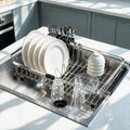 Stainless Steel Expandable Dish Drying Rack, Over & in Sink Dish Drainer with 2 Utensil Holders for Small Kitchen, Apartment, RV, Space Saving, Fast Drain, Rust Resistant