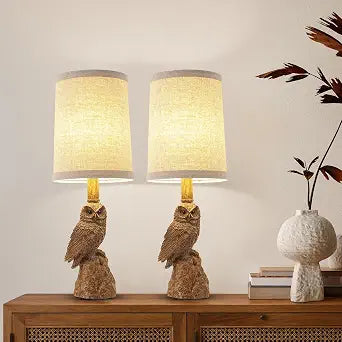 Vintage White/Wood Grain Owl Table Lamp - Resin Sculpture Base & Linen Shade | 16.5in Height Decorative Lamp for Bedroom/Study | Rocker Switch (BW-2)