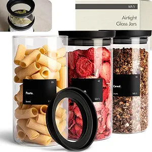 KIVY Airtight Glass Jars with transparent Lids & Labels 3x 40oz - Stackable