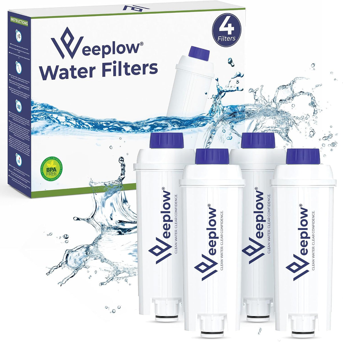 Weeplow 4-Pack DLSC002 Water Filter for De'Longhi Magnifica Dinamica