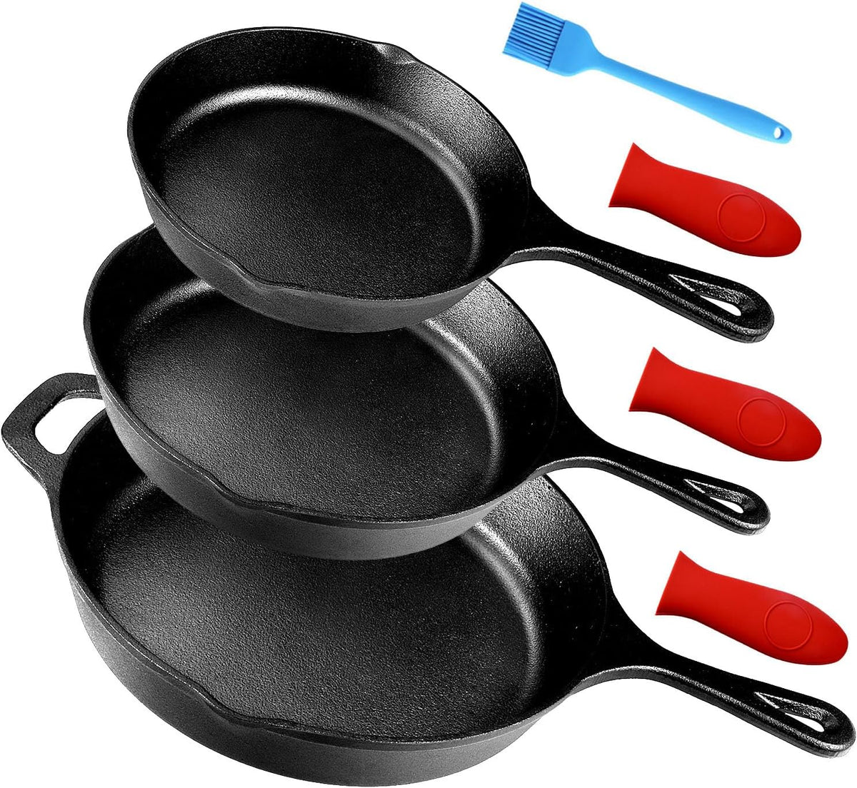 Suteck Cast Iron Skillets 3-Piece Set, 6", 8" & 10" Pre-Seasoned Pan Set