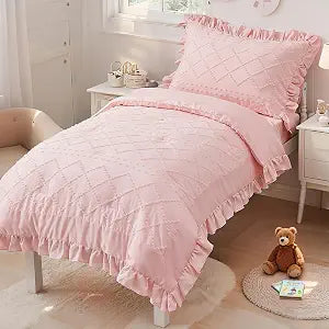 Cozyholy 4 Piece Boho Tufted Toddler Bedding Set with Ruffles, Pink