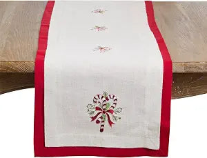 SARO LIFESTYLE Candy Cane Embroidered Holiday Table Runner - Table Runner for Festive Dining Tables, Seasonal Entertaining, Holiday Kitchen Dcor, and Winter Tablescapes, 16"x70", Natural/Red