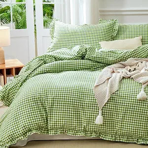 Ruffle Gingham Duvet Cover Queen Size Green/White,100% Cotton