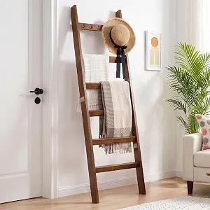 TEAKMAMA 6-Tier 5.4ft Blanket Ladder with Hooks Farmhouse Mahogany Finish