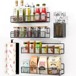 DTUQYX Spice Rack Wall Mounted 6 Pack: 100% Metal & Strong Adhesive Spice Organization for Kitchen Cabinet/Pantry Door, No Drill Hanging Seasoning Organizer with Paper Towel Holder, Utensil Caddy