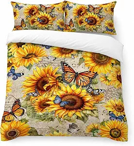 AILONEN King Size Sunflower Duvet Cover Set, Yellow Floral Butterfly Bedding, Retro Botanical Design, 3 Pieces with 1 Quilt Cover and 2 Pillowcases