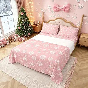 Erosebridal Pink Christmas Bed Sheets Queen Girly Romantic Snowflake Sheets