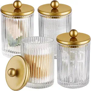 SheeChung 4 Pack Gold Ribbed Glass Qtip Holder with Metal Lids
