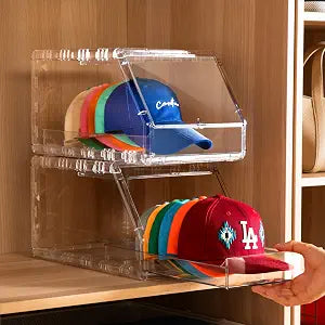 Ozueccr Cap Organizer Box  Stackable Clear Display Box with Sliding Drawer, Holds 15 Baseball Caps, Closet and Shelf Organizer for Hats, Transparent Display with Anti-Slip Feet