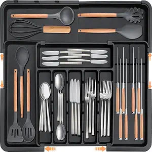 Homecor Silverware Organizer - Expandable Large Kitchen Drawer Organizer Utensil Organizer with 2 Removable Knife Blocks, 22"x 19"Cutlery Tray Drawer Dividers for Kitchen Flatware(6-9 Slots) (Black)