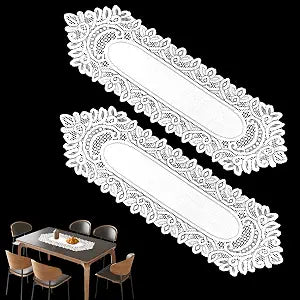 2 Pack 13.6x45.2 Inch Lace Rectangular Table Runner,White Dresser Scarf Doilies,Coffee Table Runner for Bedroom Furniture,Home Decor(Three Leaf Pattern)
