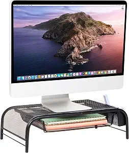 Mind Reader Monitor Stand, Ventilated Laptop Riser, Paper Tray, Storage, Office, Metal Mesh, 20"L x 11.5"W x 5.5"H, Black