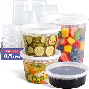 GUSTO Plastic Food Storage Deli Containers with Lids [48 Sets] 8, 16, 32 oz