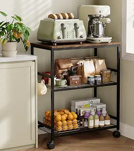 itchen Rolling Cart, 3-Tier Microwave Stand with Lockable Wheels, One-Piece Shelf, Kitchen Utility Storage Cart for Coffee Bar,Apartment, Dorm, Laundry Room, Office, 23.6" x 15.7" x 27.6", Brown
