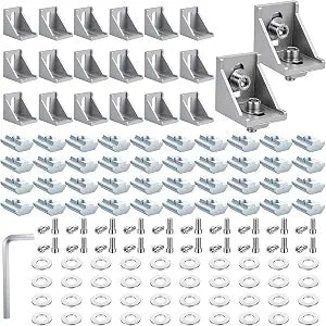 20 Set 4040 Series Aluminum Extrusion Connector Kit, Includes 20 pcs Corner Brackets, 40 M8 T-Slot Nuts, 1pc Wrench for Industrial Aluminum Profile Accessories, Silver
