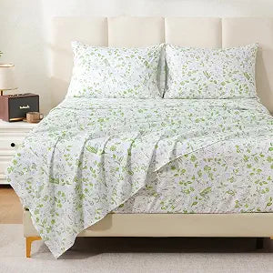 MEISHANG Queen Sheet Set - Ultra Soft Floral Sheets Extra Deep Pocket Fitted 18-24 Inch 100% Microfiber,1800 Thread Count Floral Bed Sheets Oeko-Tex Certificated 4 Pieces - Green