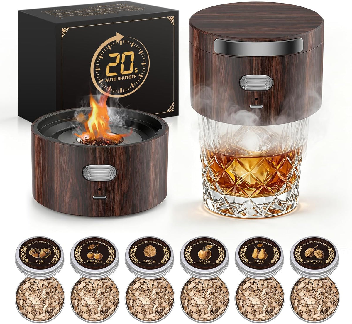 Electric Whiskey Smoker Kit with 6 Flavor Wood Chips, Old Fashioned Whiskey Gift Set, Cocktail Drink Smoker Kit Home Bar Accessories Tools, for Dad