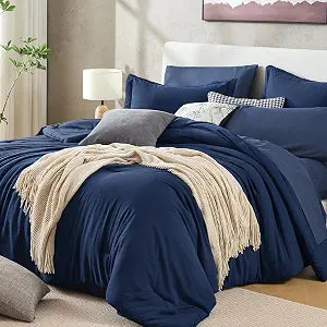 Sasttie Navy Blue Queen Comforter Set 7-Piece, Pre-Washed Bed in a Bag