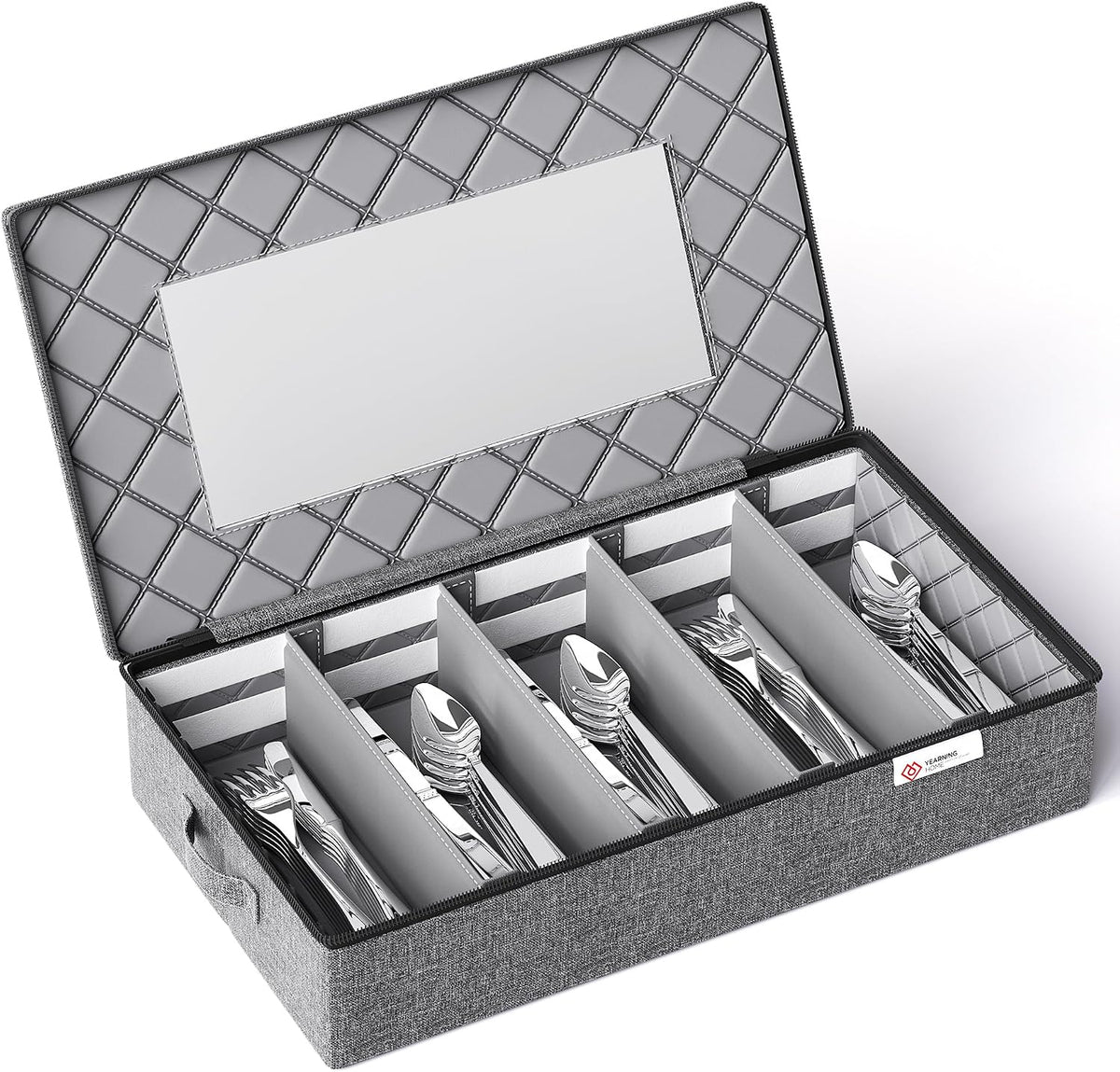 YearningHome Silverware Storage Box,Hard Shell Flatware Organizer with Lid and Zipper,Utensil Storage with Clear Window and adjustable Divider for Spoons,Forks.Knives,Grey