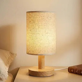 Small Bedside Table Lamp,USB Powered,Wood Base & Fabric Shade, Warm Light