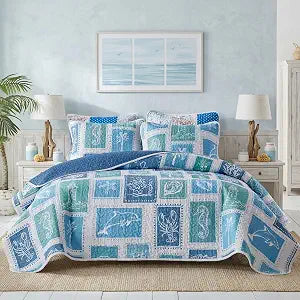 Coastal Quilt Sets Queen Size - Reversible Microfiber Ocean Style with Sea Lighthouse Dolphin Starfish Coral Seahorse Soft Beach Bedding Nautical Bedspread Coverlet Summer Comforter with 2 Shams