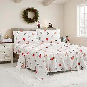 Christmas Sheets Full Size with Built���in Sheet Straps ��� Cozy Christmas Bedding for Holiday Cheer & Winter Dreams ��� Soft, Snug Sleep for Seasonal Celebrations, Poinsetta Flowers