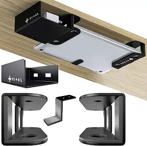 VI+AL Under Desk Laptop Mount - Hidden Metal Shelf with Side Storage - Installs with Tape & Screws - Fits Devices up to 1.7" Thick - Standard (No Hook or Cable Organizer)