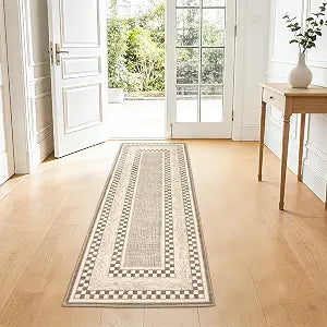 GarveeHome Checkered Area Rug 2x6, No Slip Washable Rug, Modern Bedroom Rug Under Bed Ultra Carpet, Low-Pile Rugs for Living Room Bedroom Dining Room, Brown