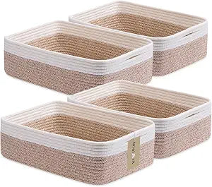 MiniArk Large Shallow Organizing Baskets 15x11x5.1 Inches - Rope Woven Storage Bins for Bathroom, Shelves, Cube Closet, White Mixed Brown 4 Packs