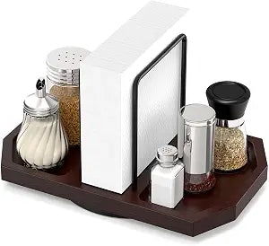 Rotating Napkin Holder for Table with Salt Storage, Brown