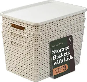 BINO | Plastic Storage Baskets with Lids, 22 Liter - 3 Pack, Natural | THE WOVEN COLLECTION | Storage Basket for Shelves | Woven Storage Baskets for Organizing Bins | Pantry Shelf Organizer Bin