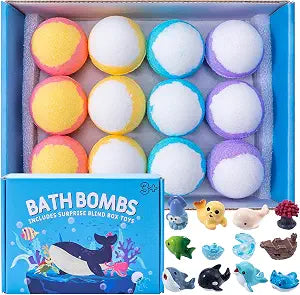 Bath Bombs for Kids with Surprise Inside, 12 Pack Organic Kids Bath Bombs Gift Set, with 12 Ocean Animal Surprise Toy, Fizzy Bath for Fun, Suitable for Boys and Girls